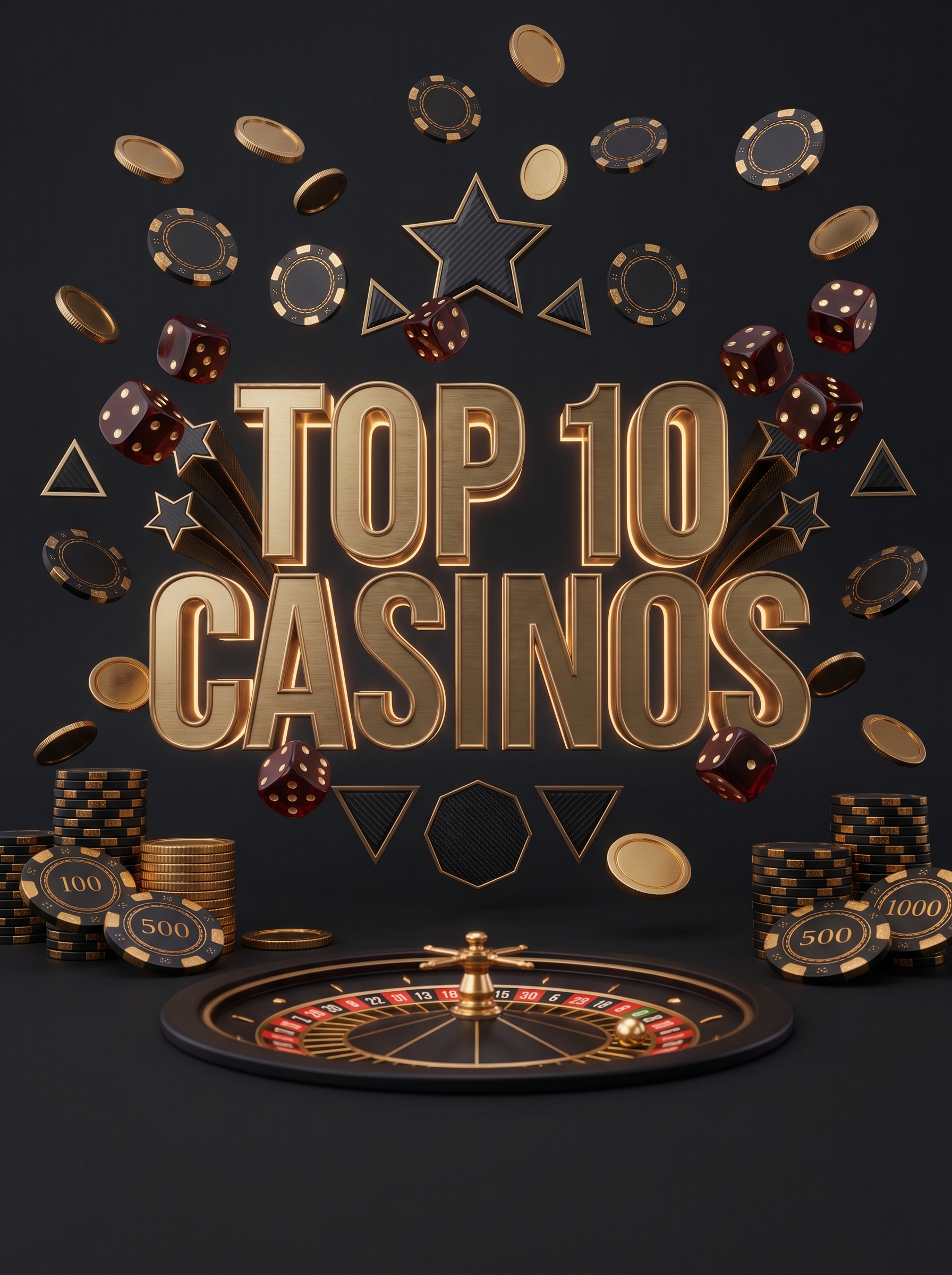 Gold lettering with a roulette wheel, dice and chips on a dark ground